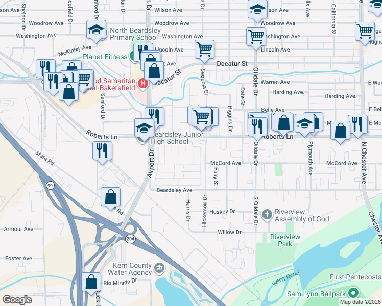 map of restaurants, bars, coffee shops, grocery stores, and more near 311 Nita Lane in Bakersfield