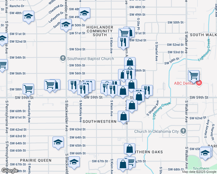 map of restaurants, bars, coffee shops, grocery stores, and more near 1009 Southwest 58th Street in Oklahoma City