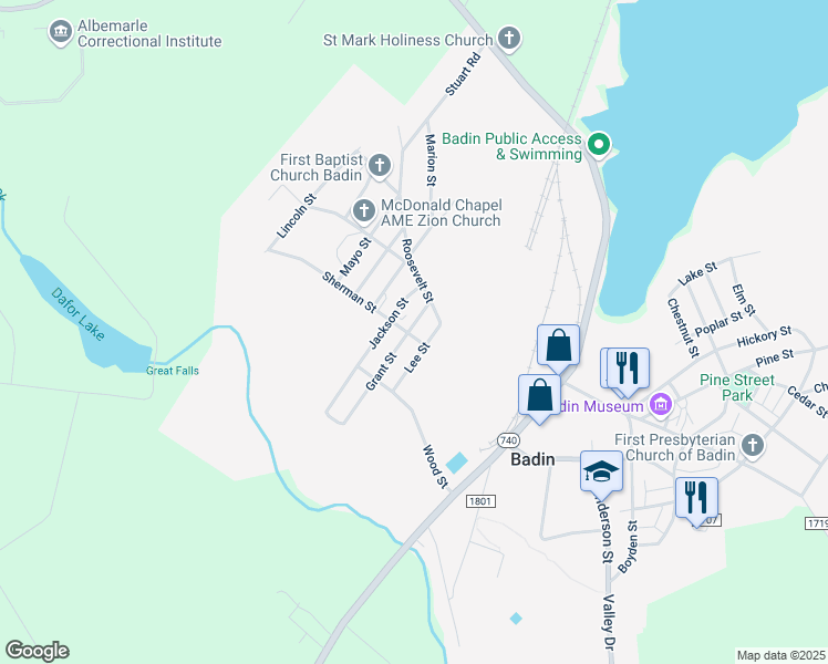 map of restaurants, bars, coffee shops, grocery stores, and more near 321 Grant Street in Badin
