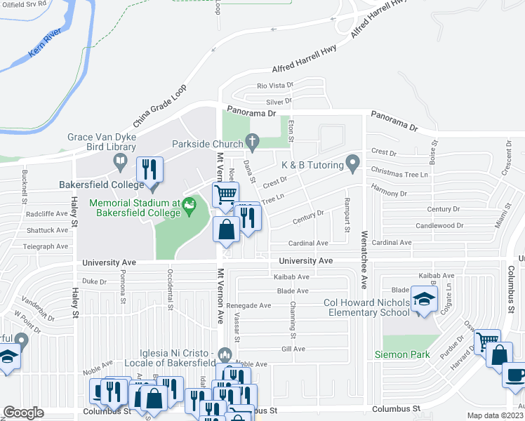 map of restaurants, bars, coffee shops, grocery stores, and more near 3792 Dana Street in Bakersfield