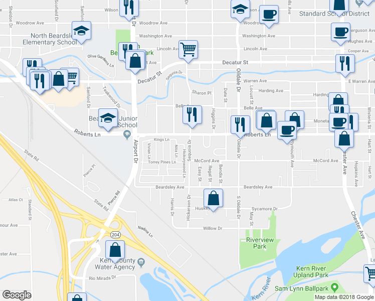map of restaurants, bars, coffee shops, grocery stores, and more near 335 Hickorywood Lane in Bakersfield