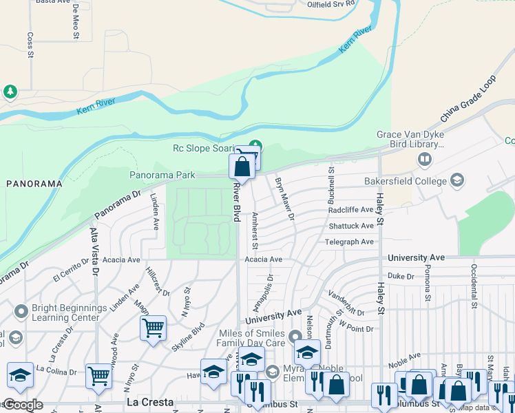 map of restaurants, bars, coffee shops, grocery stores, and more near 3801 River Boulevard in Bakersfield