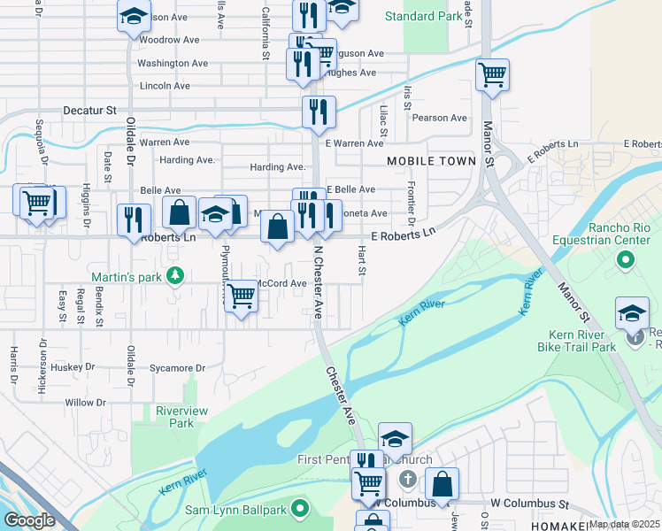 map of restaurants, bars, coffee shops, grocery stores, and more near 210 North Chester Avenue in Bakersfield