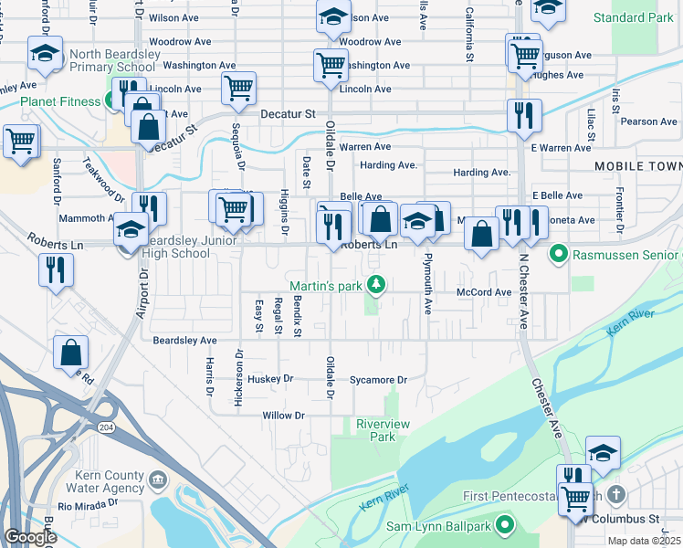 map of restaurants, bars, coffee shops, grocery stores, and more near 208 Oildale Drive in Bakersfield