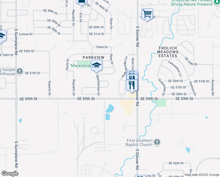 map of restaurants, bars, coffee shops, grocery stores, and more near 5208 Southeast 58th Street in Oklahoma City