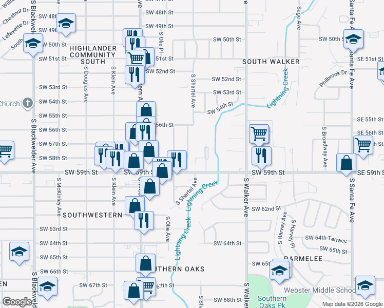 map of restaurants, bars, coffee shops, grocery stores, and more near 5901 South Lee Avenue in Oklahoma City