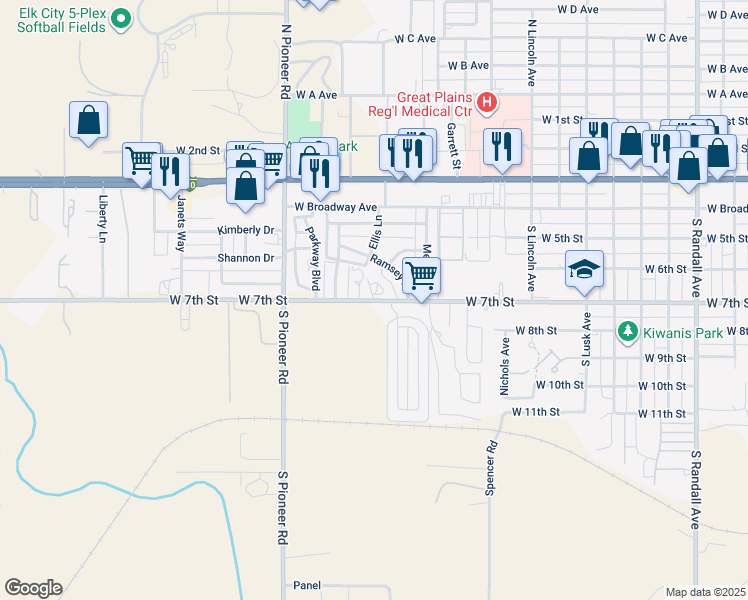 map of restaurants, bars, coffee shops, grocery stores, and more near 125 Ramsey Drive in Elk City