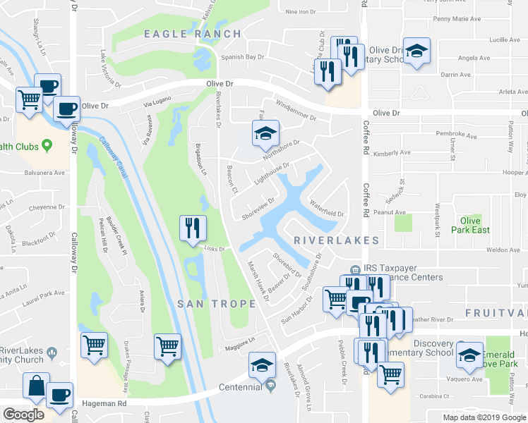 map of restaurants, bars, coffee shops, grocery stores, and more near 8707 Shoreview Drive in Bakersfield