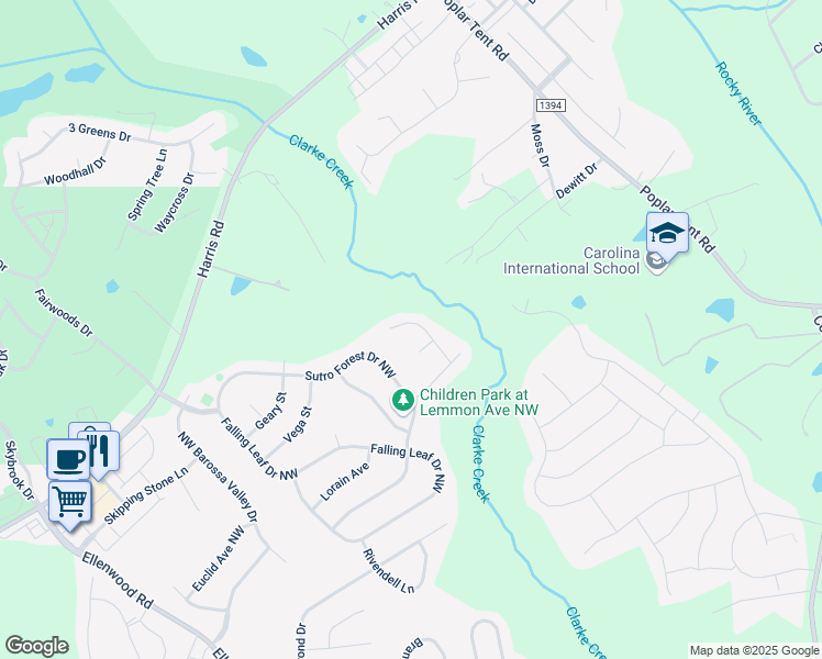 map of restaurants, bars, coffee shops, grocery stores, and more near 415 Sweet Shrub Court Northwest in Concord