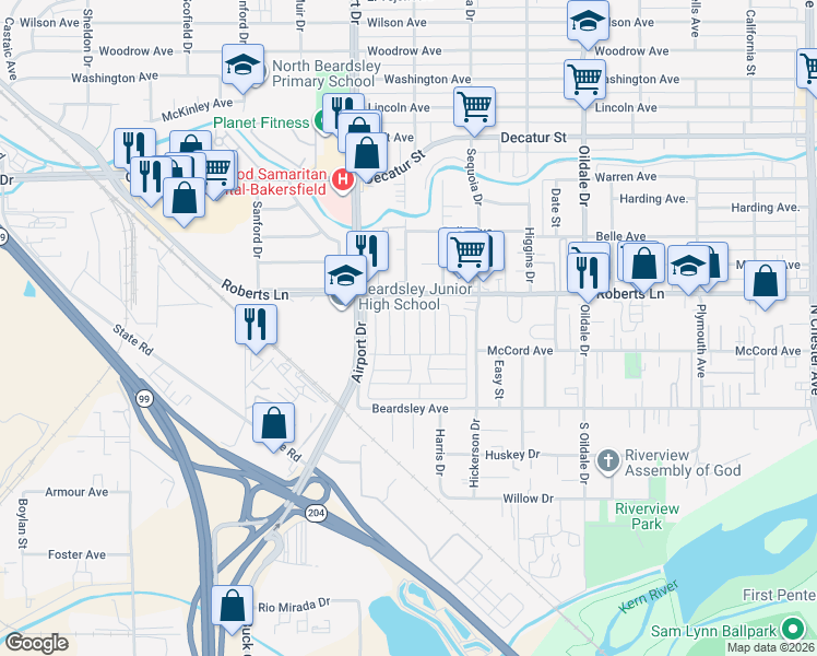 map of restaurants, bars, coffee shops, grocery stores, and more near 250 Mary Kay Lane in Bakersfield