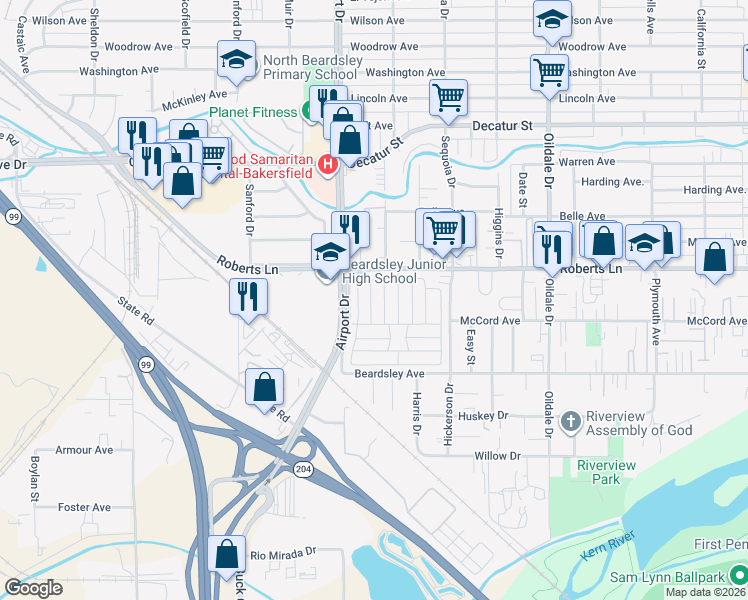 map of restaurants, bars, coffee shops, grocery stores, and more near 230 Vivian Lane in Bakersfield