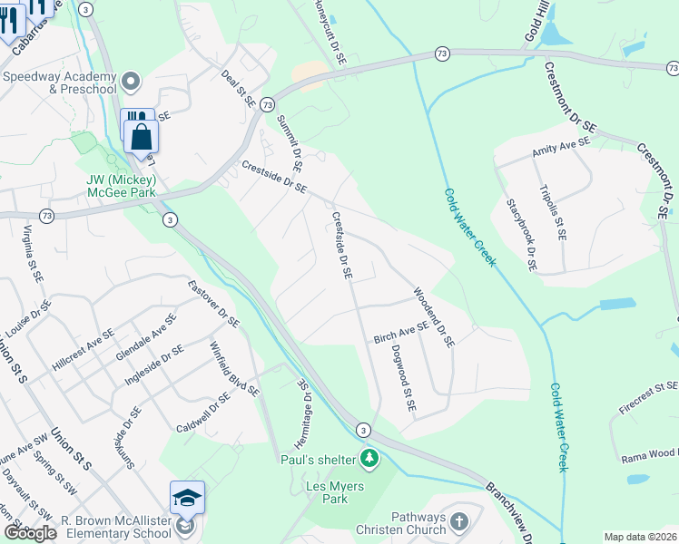 map of restaurants, bars, coffee shops, grocery stores, and more near 468 Crestside Drive Southeast in Concord