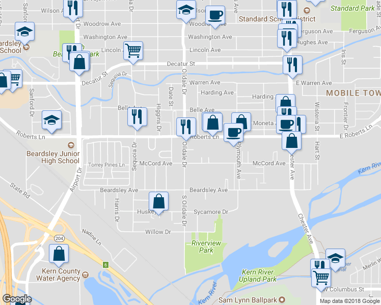 map of restaurants, bars, coffee shops, grocery stores, and more near 208 Oildale Drive in Bakersfield