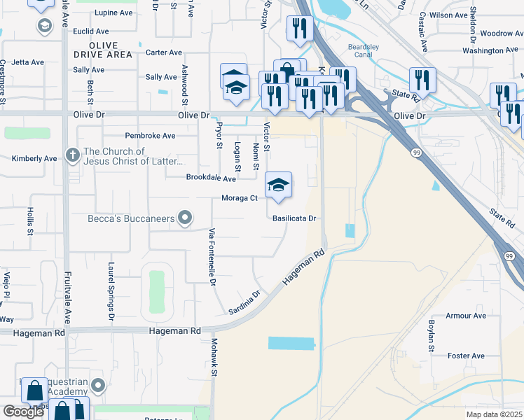 map of restaurants, bars, coffee shops, grocery stores, and more near 5211 Victor Street in Bakersfield