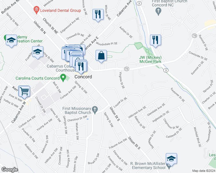 map of restaurants, bars, coffee shops, grocery stores, and more near 27 Washington Lane Southeast in Concord