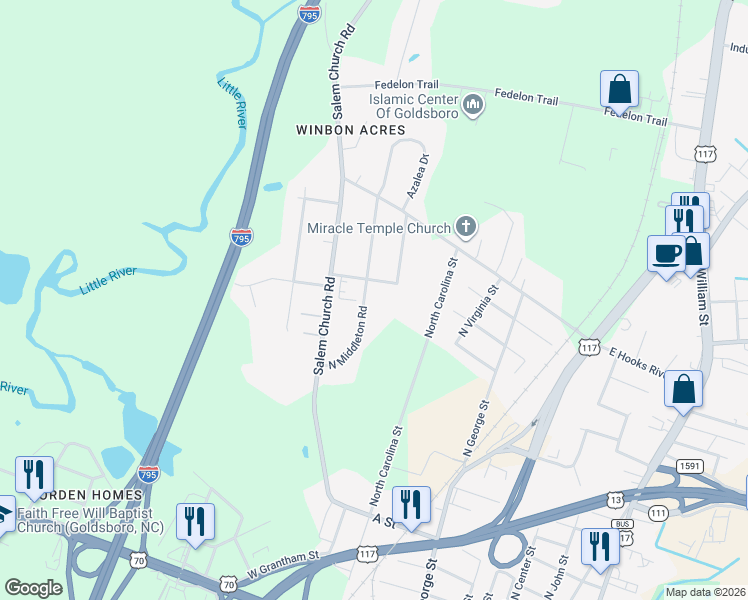 map of restaurants, bars, coffee shops, grocery stores, and more near 1722 Middleton Road in Goldsboro
