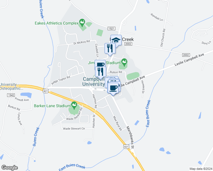 map of restaurants, bars, coffee shops, grocery stores, and more near 2 Main Street in Lillington