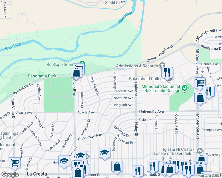 map of restaurants, bars, coffee shops, grocery stores, and more near 1132 Radcliffe Avenue in Bakersfield