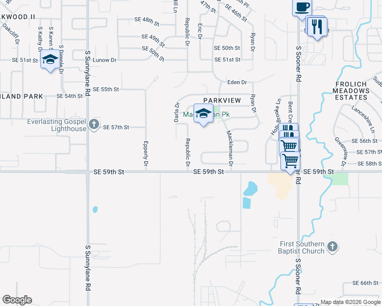 map of restaurants, bars, coffee shops, grocery stores, and more near 5804 Republic Drive in Oklahoma City