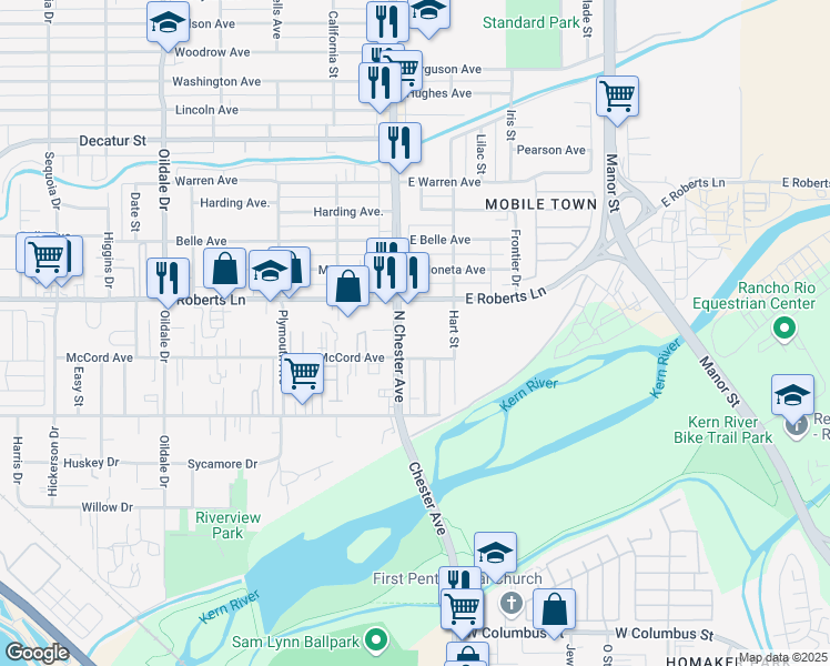 map of restaurants, bars, coffee shops, grocery stores, and more near 210 North Chester Avenue in Bakersfield