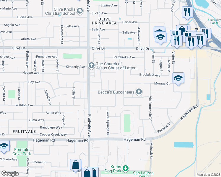 map of restaurants, bars, coffee shops, grocery stores, and more near 5300 Spring Canyon Court in Bakersfield