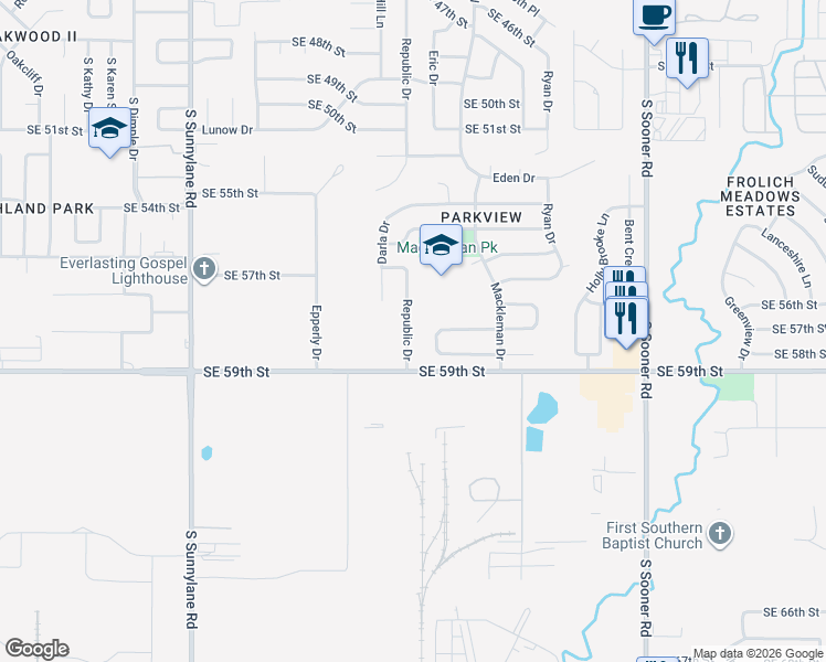 map of restaurants, bars, coffee shops, grocery stores, and more near 5804 Republic Drive in Oklahoma City