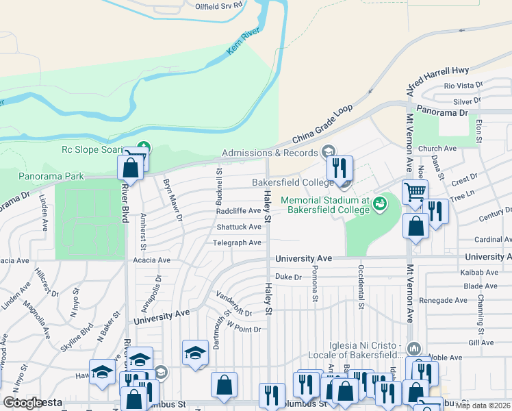 map of restaurants, bars, coffee shops, grocery stores, and more near 1404 Radcliffe Avenue in Bakersfield