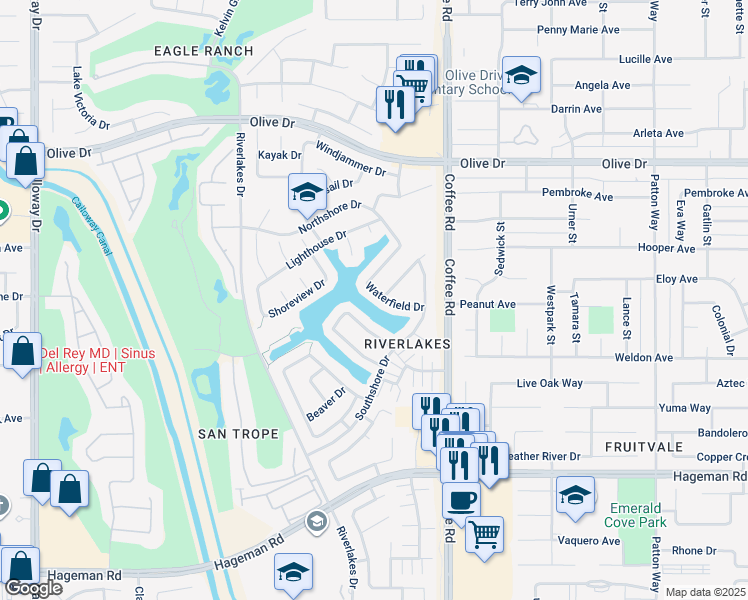map of restaurants, bars, coffee shops, grocery stores, and more near 8403 Waterfield Drive in Bakersfield