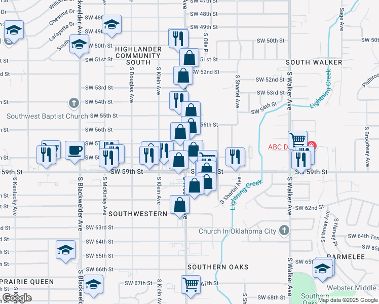 map of restaurants, bars, coffee shops, grocery stores, and more near 5814 South Western Avenue in Oklahoma City