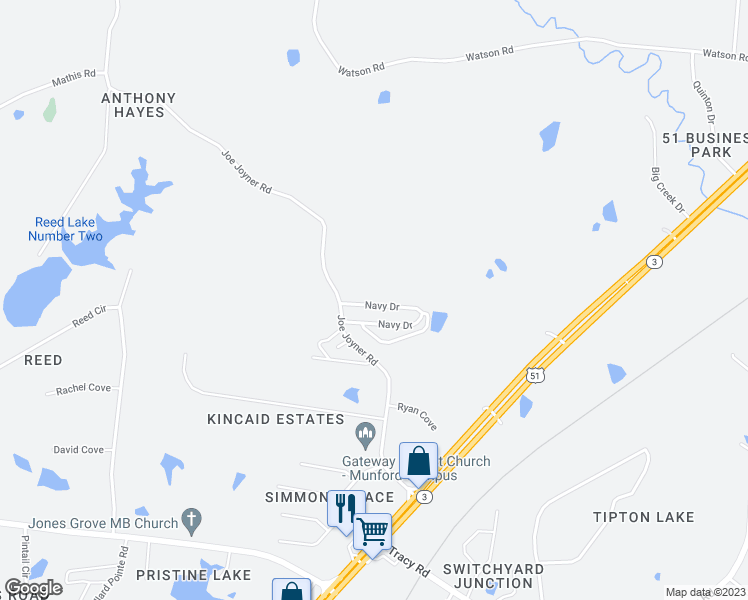map of restaurants, bars, coffee shops, grocery stores, and more near 92 Navy Circle in Munford