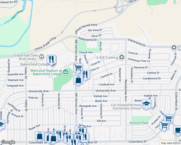 map of restaurants, bars, coffee shops, grocery stores, and more near 3792 Dana Street in Bakersfield