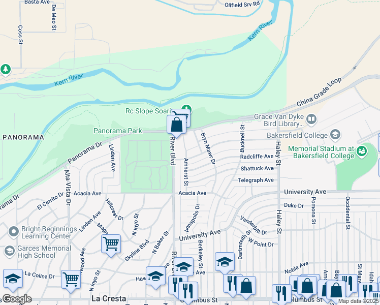 map of restaurants, bars, coffee shops, grocery stores, and more near 3801 River Boulevard in Bakersfield