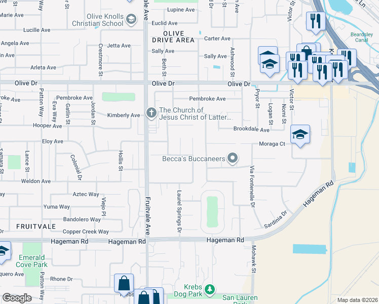 map of restaurants, bars, coffee shops, grocery stores, and more near 5300 Spring Canyon Court in Bakersfield