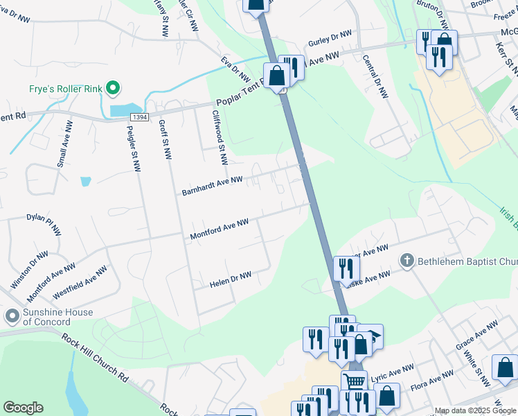 map of restaurants, bars, coffee shops, grocery stores, and more near 2186 Montford Avenue Northwest in Concord