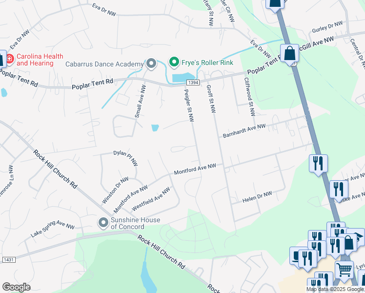 map of restaurants, bars, coffee shops, grocery stores, and more near 2692 Poplar Cove Dr NW in Concord