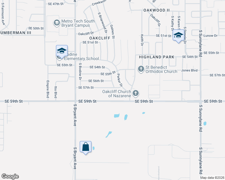 map of restaurants, bars, coffee shops, grocery stores, and more near 3404 Southeast 57th Street in Oklahoma City