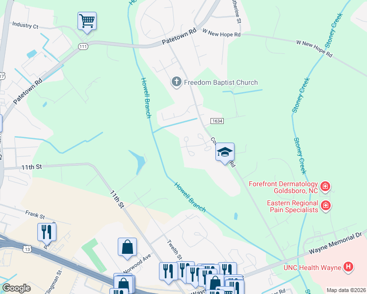 map of restaurants, bars, coffee shops, grocery stores, and more near Garden Drive in Goldsboro