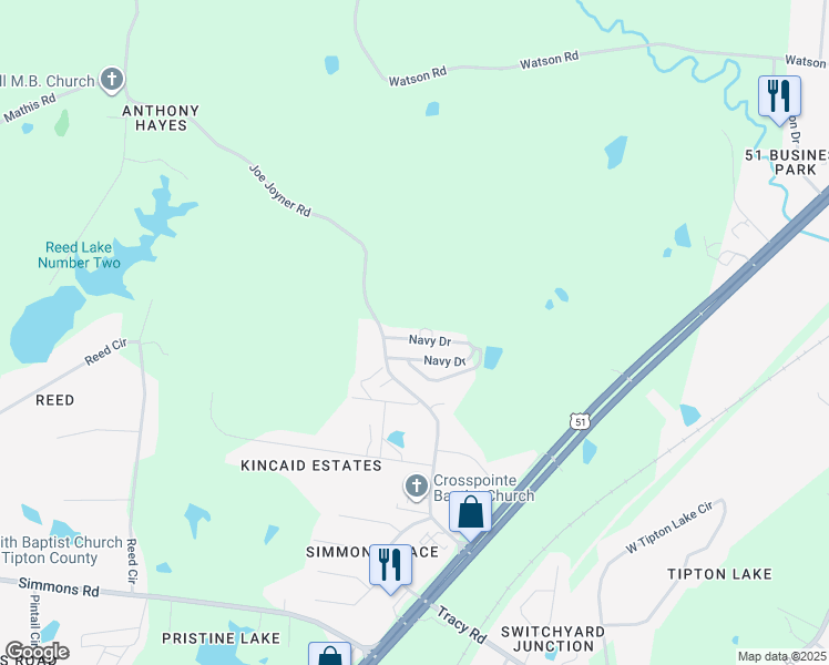 map of restaurants, bars, coffee shops, grocery stores, and more near 68 Navy Drive in Munford