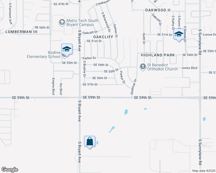 map of restaurants, bars, coffee shops, grocery stores, and more near 3300 Southeast 57th Street in Oklahoma City