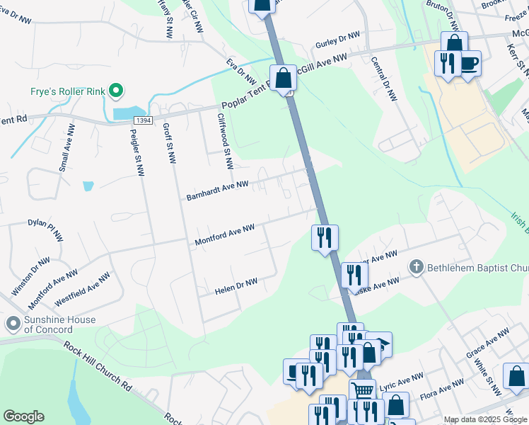 map of restaurants, bars, coffee shops, grocery stores, and more near 2186 Montford Avenue Northwest in Concord