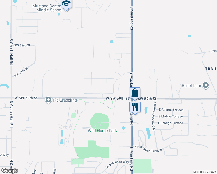 map of restaurants, bars, coffee shops, grocery stores, and more near 5716 Slate Stone Court in Mustang