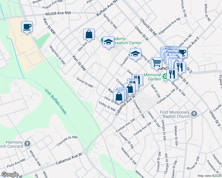 map of restaurants, bars, coffee shops, grocery stores, and more near 239 Franklin Avenue Northwest in Kannapolis