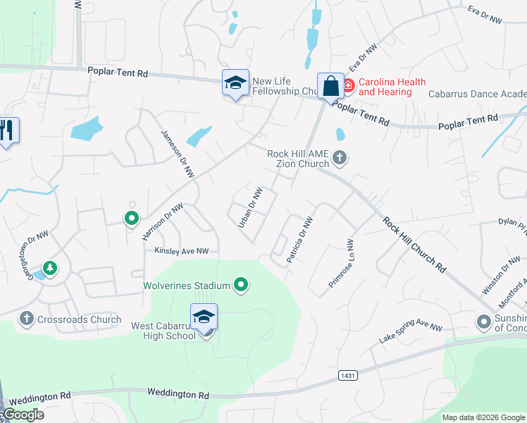 map of restaurants, bars, coffee shops, grocery stores, and more near 512 Barrington Place Northwest in Concord