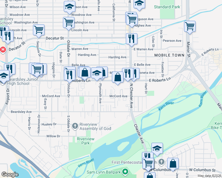 map of restaurants, bars, coffee shops, grocery stores, and more near 206 McCord Avenue in Bakersfield