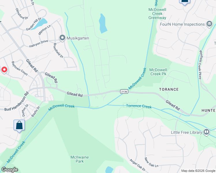 map of restaurants, bars, coffee shops, grocery stores, and more near 8001 Gilead Road in Huntersville