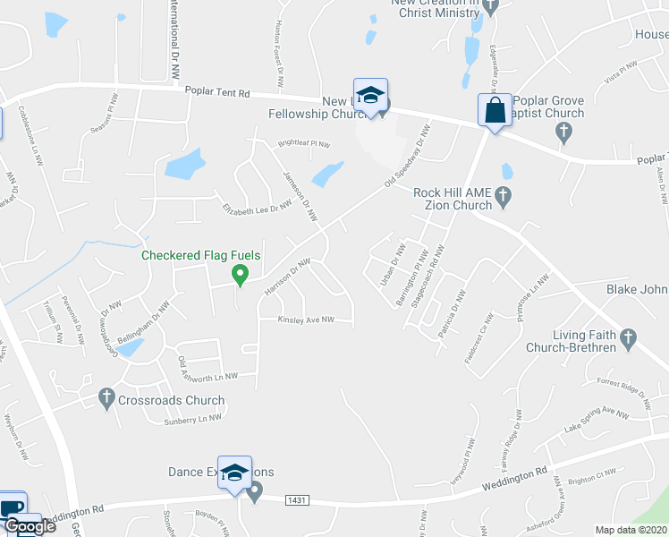 map of restaurants, bars, coffee shops, grocery stores, and more near 649 Harrison Drive Northwest in Concord