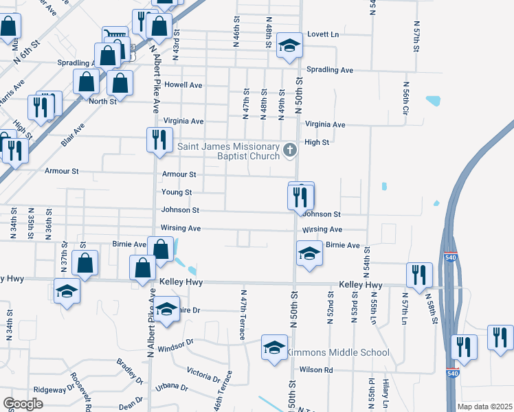 map of restaurants, bars, coffee shops, grocery stores, and more near 4715 Johnson Street in Fort Smith