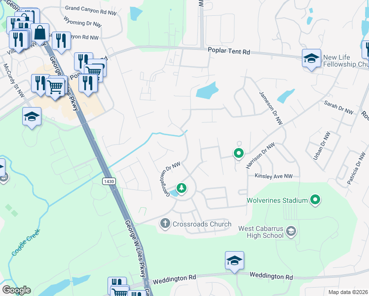 map of restaurants, bars, coffee shops, grocery stores, and more near 643 Georgetown Drive Northwest in Concord