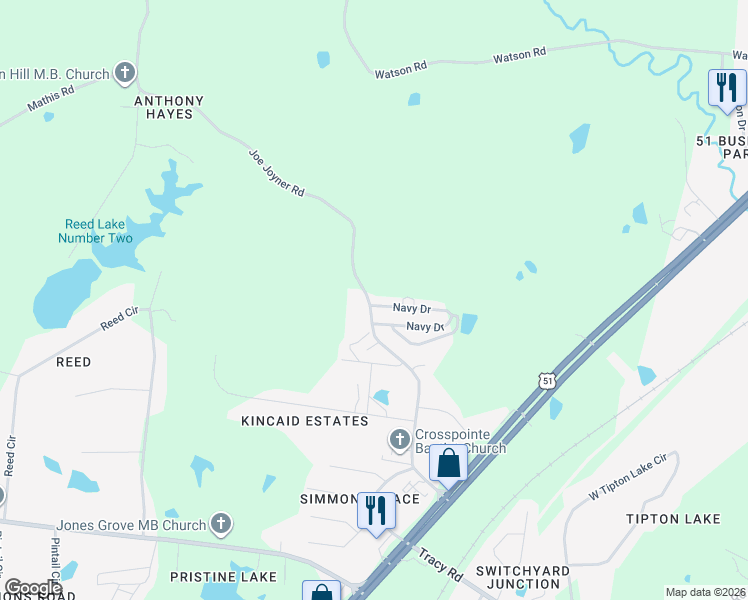 map of restaurants, bars, coffee shops, grocery stores, and more near 585 Joe Joyner Road in Munford