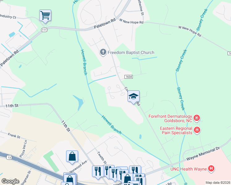 map of restaurants, bars, coffee shops, grocery stores, and more near Garden Drive in Goldsboro